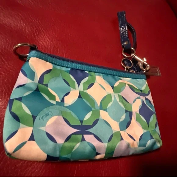 Coach Poppy Blue and Green Patterned Satin Wristlet - Picture 4 of 9